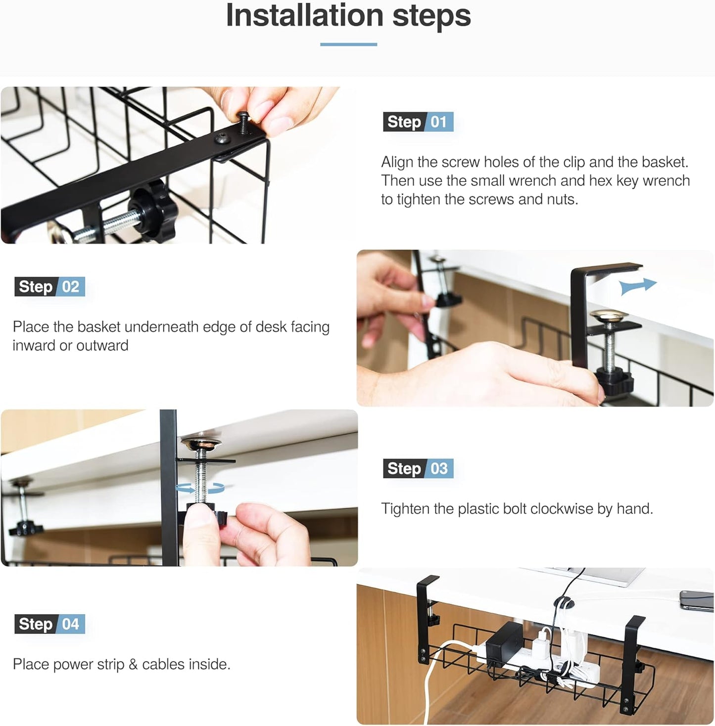 Under Desk Cable Management Tray, Upgraded Wire Management No Drill, Cable Tray with Clamp for Desk Wire Management, Computer Cable Rack for Office, Home - No Damage to Desk