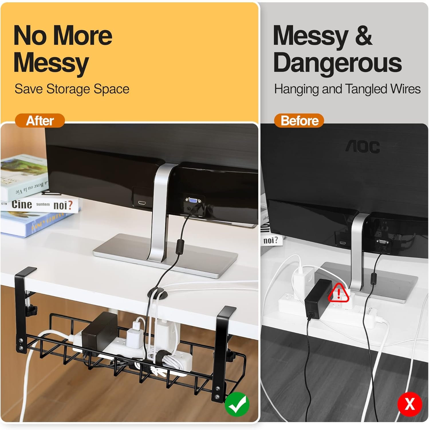Under Desk Cable Management Tray,  Upgraded Wire Management No Drill, Cable Tray with Clamp for Desk Wire Management, Computer Cable Rack for Office, Home - No Damage to Desk